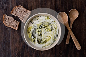 Turkish Yayla or Yogurt Soup with mint sauce Tzatziki