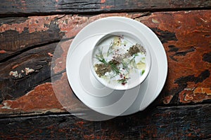Turkish Yayla or yogurt soup with mint sauce Tzatziki on rustic wooden table
