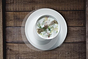 Turkish Yayla or yogurt soup with mint sauce Tzatziki on rustic wooden table