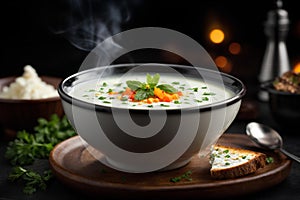 Turkish yogurt Yayla soup on dark background. Commercial promotional food photo