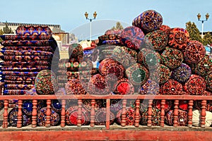 Turkmenistan. Ashkhabad market. National Turkmen mattresses and handmade pillows