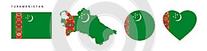 Turkmenistan flag in different shapes icon set. Flat vector illustration