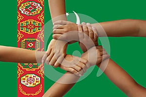 Turkmenistan flag, intergration of a multicultural group of young people
