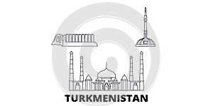 Turkmenistan line travel skyline set. Turkmenistan outline city vector illustration, symbol, travel sights, landmarks.