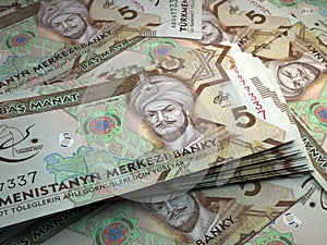 Turkmenistan money. Manat  banknotes. 5 TMT Turkmen bills. 3d illustration