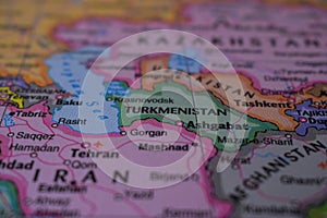 Turkmenistan Travel Concept Country Name On The Political World Map Very Macro Close-Up View