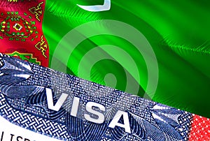 Turkmenistan Visa Document, with Turkmenistan flag in background. Turkmenistan flag with Close up text VISA on USA visa stamp in