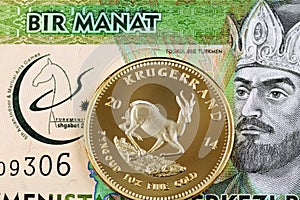 A Turkmenistani 1 manat bank note with a South African krugerrand