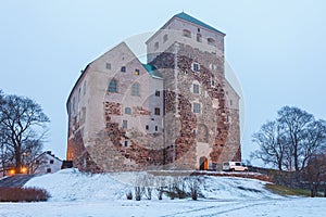 Turku Castle in winter season. Medieval building in the city of Turku in Finland.