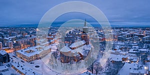 Turku Cathedral and the city skyline in winter night in Turku, Finland