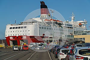 TURKU, FINLAND - April 30, 2018: Turku-Stockholm ferry, car queue to Amorella ship of Viking Line company, April 30