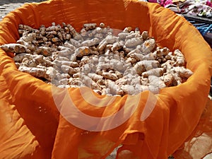 Turmeric in basket for drying purpose