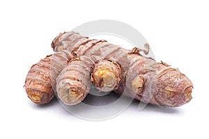 Turmeric capsule, curcuma powder and tumeric rhizome,Curcuma longa, isolated on white background. curcumina