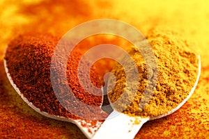 Turmeric and chilly powder in spoon