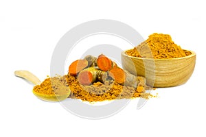 Turmeric Curcuma longa Linn rhizome root sliced with Finely dry powder and green leaves isolated