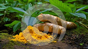 Turmeric (Curcuma longa Linn) rhizome (root) sliced with Finely dry powder isolated on white background