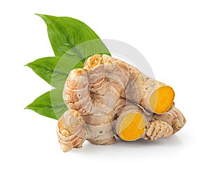 Turmeric Curcuma longa Linn rhizome root sliced with green leaves isolated on white background with Clipping Path