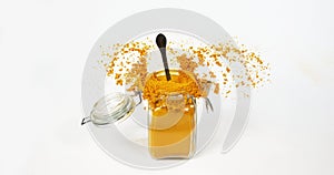 Turmeric, curcuma longa, Powder against White Background, Indian Spice, Slow Motion