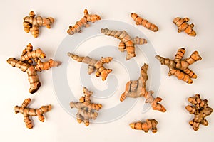 Turmeric or curcuma longa rhizome isolated on white background.top view,flat lay