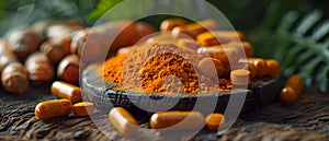 Turmeric and Curcumin Health Supplement Display with Natural Backdrop. Concept Health Benefits,