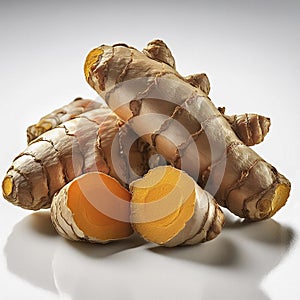 turmeric or curcumin longa root with slice isolated on white background