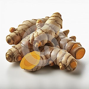 turmeric or curcumin longa root with slice isolated on white background