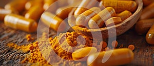 Turmeric & Curcumin Pills - Health in Focus. Concept Supplements, Health Benefits, Curcumin
