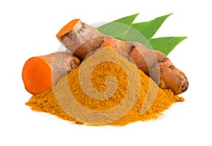 Turmeric (curcumin) powder root and leaves isolated on a white background For spices
