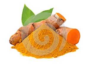 Turmeric curcumin rhizomes, powder, and green leaves isolated on white background.