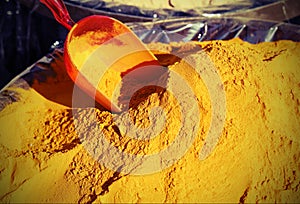Turmeric Curry powder background and a red bailer photo