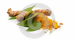 Turmeric with Finely dry powder and green leaves isolated on white background