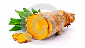 Turmeric with Finely dry powder and green leaves isolated on white background