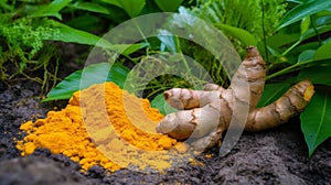 Turmeric with Finely dry powder and green leaves isolated on white background