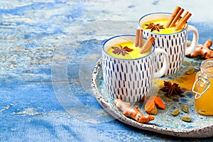 Turmeric golden milk latte with cinnamon sticks and honey. Detox, immune boosting, anti inflammatory healthy cozy drink.