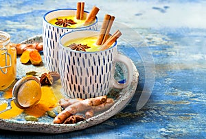 Turmeric golden milk latte with cinnamon sticks and honey. Detox, immune boosting, anti inflammatory healthy cozy drink.