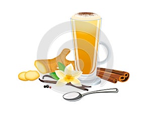 Turmeric latte with ginger, vanilla, cinnamon vector illustration