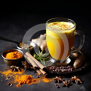 Turmeric latte with milk and cinnamon. Elixir of health