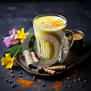 Turmeric latte with milk and cinnamon. Elixir of health