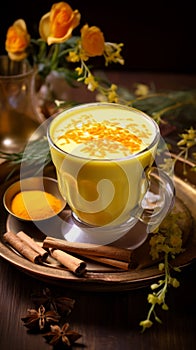 Turmeric latte with milk and cinnamon. Elixir of health