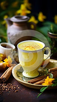 Turmeric latte with milk and cinnamon. Elixir of health