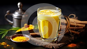 Turmeric latte with milk and cinnamon. Elixir of health