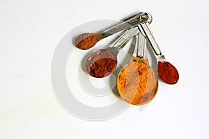 Turmeric Powder, Cayenne Pepper, Paprika and Cinnamon in Measuring spoons