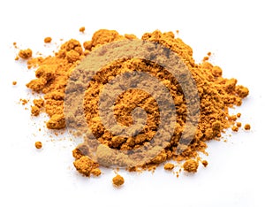 Turmeric powder or curcuma powder, commonly used as a spice or dyeing. Isolated on white background