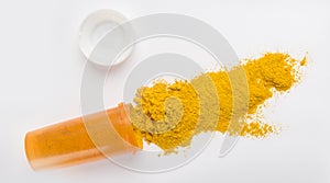 Turmeric powder, curcuma powder for pills and jar for tablets