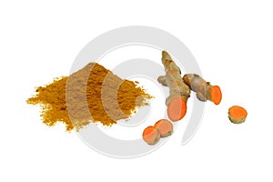 Turmeric powder and fresh turmeric roots isolated on a white background