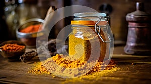 Turmeric powder in a glass jar on a wooden table