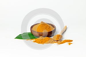 The turmeric powder is a natural herb and is an ingredient for food cooking. The colour of the turmeric powder is yellow when it