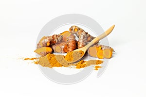 The turmeric powder is a natural herb and is an ingredient for food cooking. The colour of the turmeric powder is yellow when it