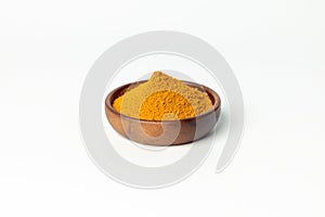 The turmeric powder is a natural herb and is an ingredient for food cooking. The colour of the turmeric powder is yellow when it