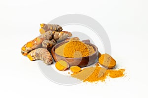 The turmeric powder is a natural herb and is an ingredient for food cooking. The colour of the turmeric powder is yellow when it